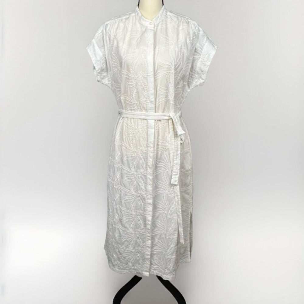 Trovata Birds of Paradise White Midi Shirt Dress Button-Up Embroidered Sheer L